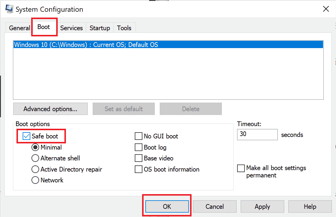 klik pada tab Boot dan centang kotak di sebelah Boot aman di bawah Opsi boot. Perbaiki Kesalahan Asal 65546:0 di Windows 10