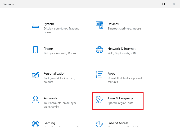 klik pada pengaturan Bahasa Waktu. Perbaiki Kesalahan Asal 65546:0 di Windows 10
