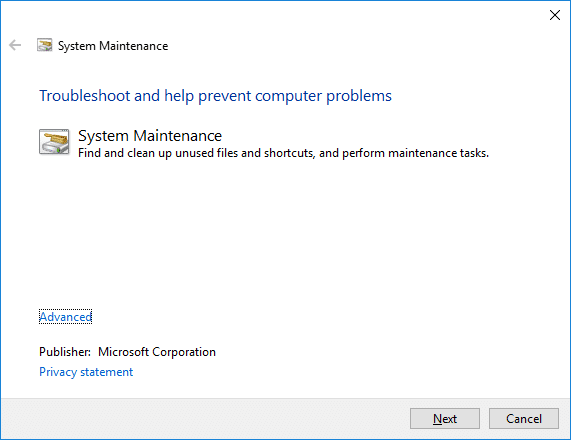 Esto abrirá el Solucionador de problemas de mantenimiento del sistema, haga clic en Siguiente | Arreglar Desktop Window Manager High CPU (DWM.exe)