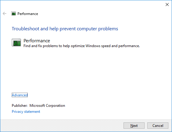 Esto abrirá el Solucionador de problemas de rendimiento, simplemente haga clic en Siguiente | Arreglar Desktop Window Manager High CPU (DWM.exe)