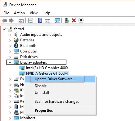 actualizar el software del controlador en los adaptadores de pantalla | Arreglar Desktop Window Manager High CPU (DWM.exe)