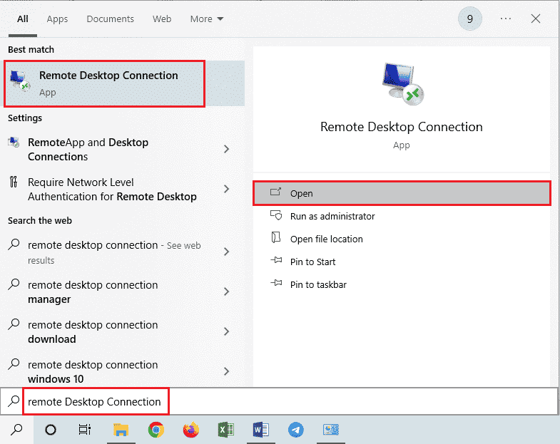 Windowsの検索バーに「リモートデスクトップ接続」と入力し、[開く]をクリックします