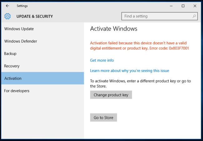 設定アプリの[アクティベーション]ウィンドウで、キーを変更するか、MicrosoftStoreから購入するように指示されます。