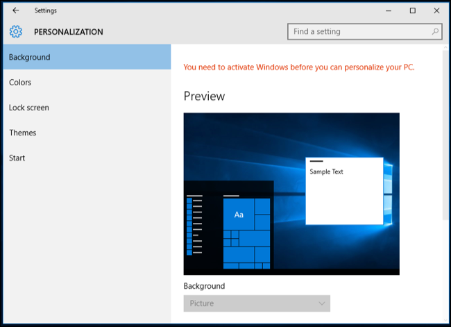 Windowsのコピーが有効でない場合、パーソナライズオプションは無効になります。