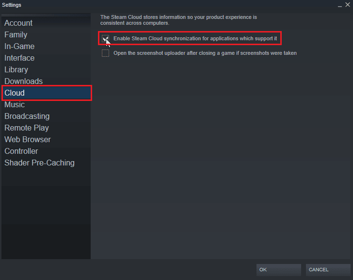 klik tab cloud dan klik aktifkan sinkronisasi cloud steam