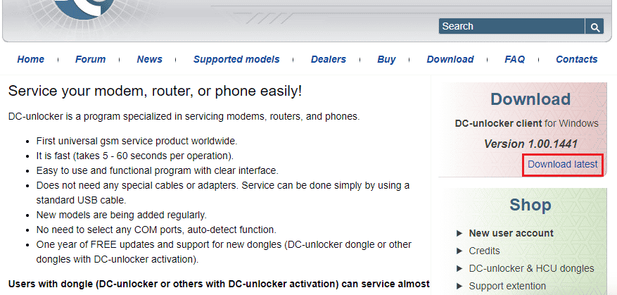 DC Unlockerツールの公式Webサイトを開き、Windows用のDCUnlockerクライアントセクションで[最新のダウンロード]オプションをクリックします。