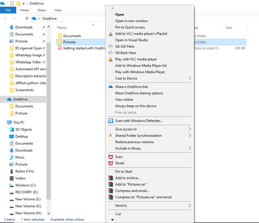 右键单击 OneDrive 文件夹中的文件和文件夹 |如何在 Windows 10 上使用 OneDrive