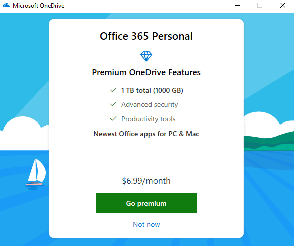 如果使用免费版本的 oneDrive,请单击现在不