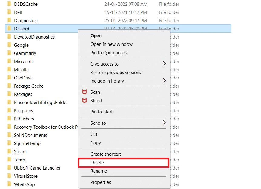 Discordを右クリックし、Deleteを選択します。 Windows10でのエラー1105の不一致を修正