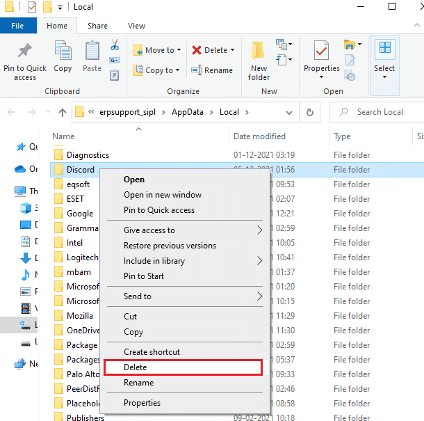 検索メニューを使用してDiscordフォルダーを見つけ、削除します。 Windows10でのエラー1105の不一致を修正