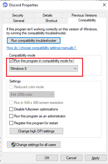 [互換モードでこのプログラムを実行する]チェックボックスをオンにして、以前のWindowsバージョンを選択します