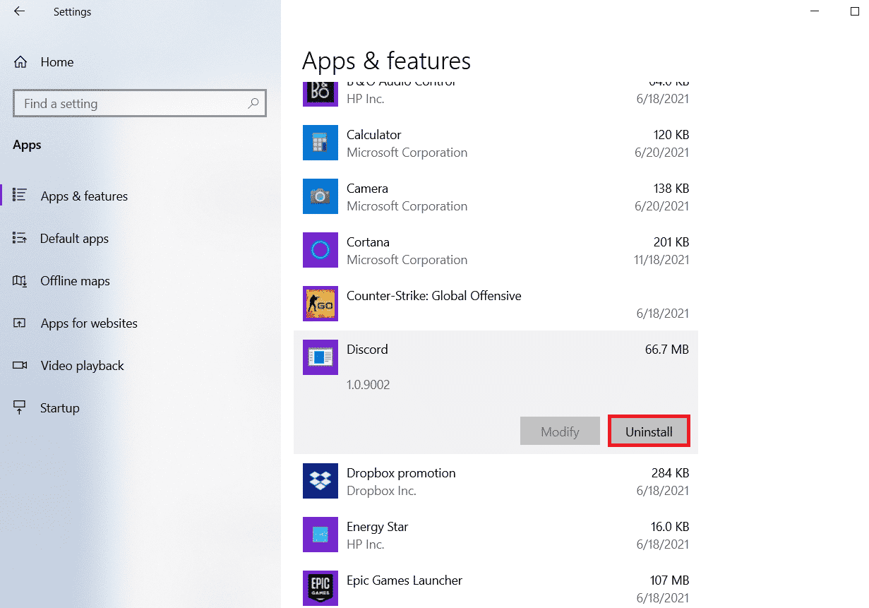 Discordを見つけてクリックし、Uninstallボタンをクリックします。 Windows10でのエラー1105の不一致を修正