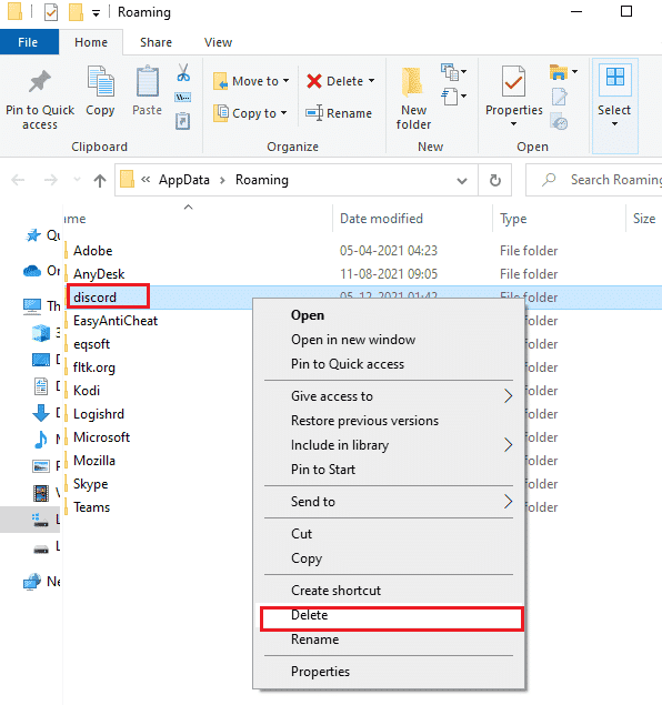 Discordフォルダーを右クリックし、[削除]オプションを選択して削除します。 Windows10でのエラー1105の不一致を修正