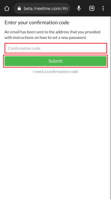 Kode konfirmasi dan Kirim MeetMe
