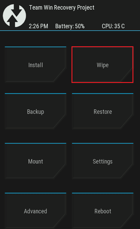 ワイプオプションをタップします。 AndroidでストレージTWRPをマウントできない問題を修正