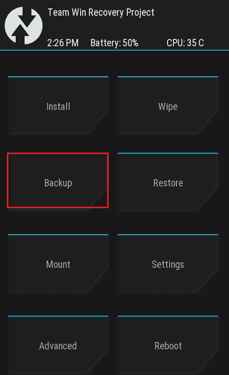 バックアップオプションをタップします。 AndroidでストレージTWRPをマウントできない問題を修正