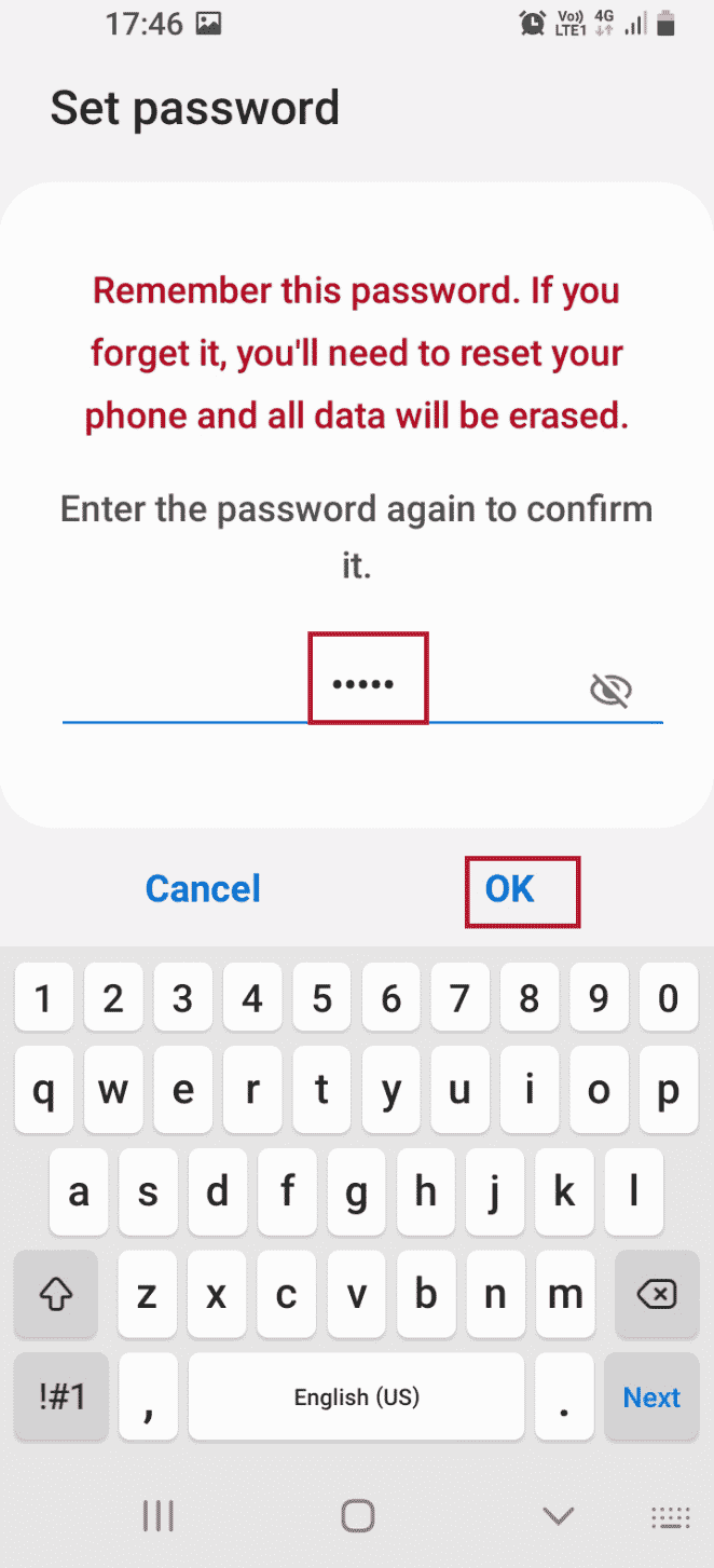 同じ英数字のパスワードを入力し、[OK]オプションをタップします。 AndroidでストレージTWRPをマウントできない問題を修正