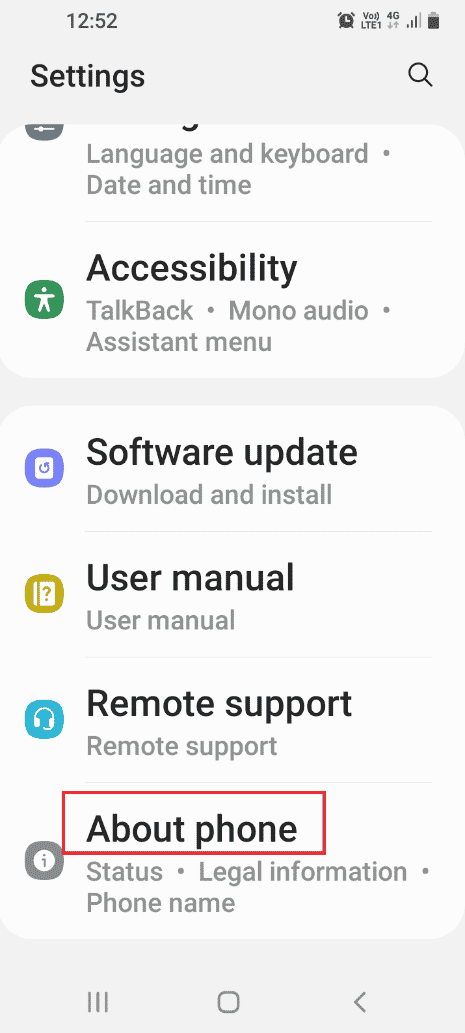 [電話について]タブをタップします。 AndroidでストレージTWRPをマウントできない問題を修正