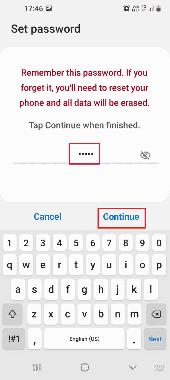 英数字のパスワードを入力し、[続行]オプションをタップします