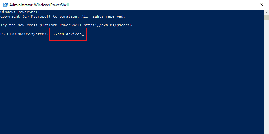 コマンドadbdevicesを入力し、Enterキーを押します