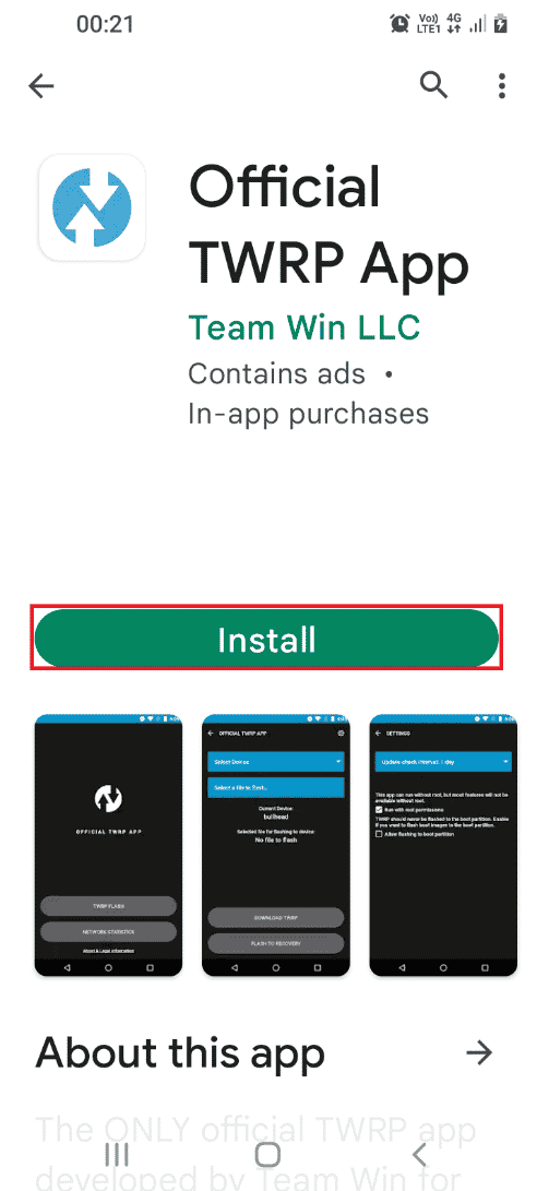 公式TWRPアプリのインストールボタンをタップします。 AndroidでストレージTWRPをマウントできない問題を修正