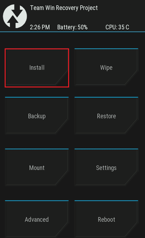 TWRPカスタムリカバリのインストールオプションをタップします