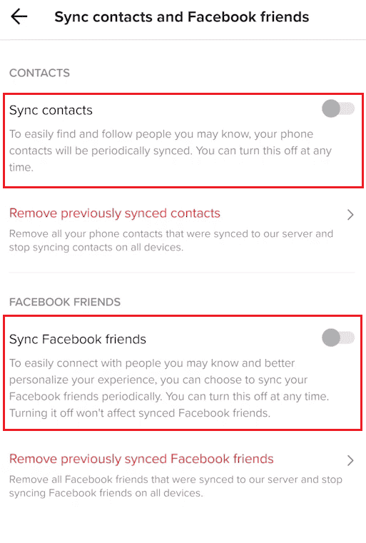 連絡先の同期とFacebookの友達の同期オプションTikTokのトグルをオンにします