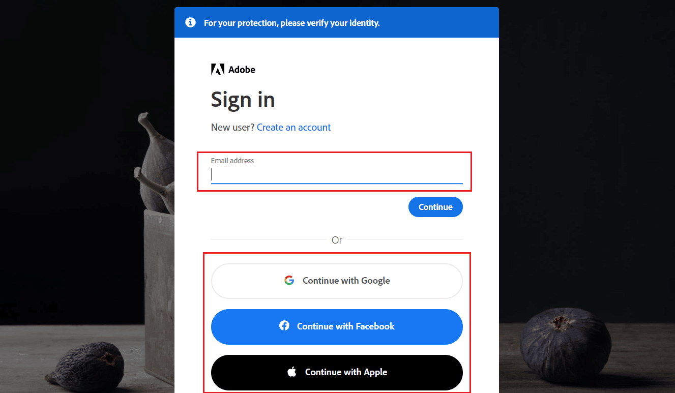 電子メール、Google、Facebook、またはAppleアカウントでAdobeアカウントにサインインします