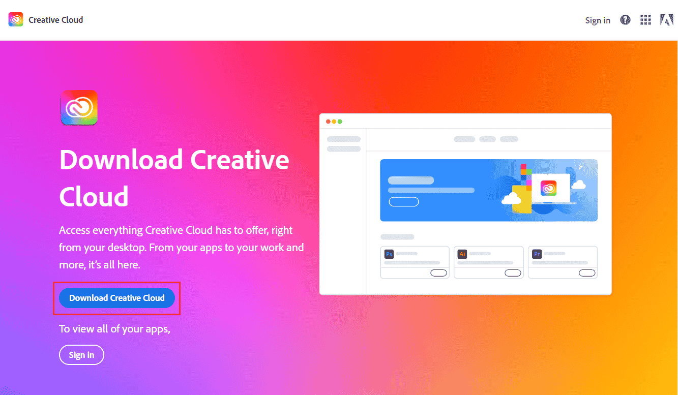 AdobeCreativeCloudダウンロードページからCreativeCloudをダウンロードします