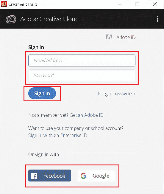 メールアドレスとパスワードを入力し、[サインイン]をクリックします。または、FacebookまたはGoogleアカウントを使用してサインインします| AdobeAcrobatサブスクリプションをキャンセルする方法