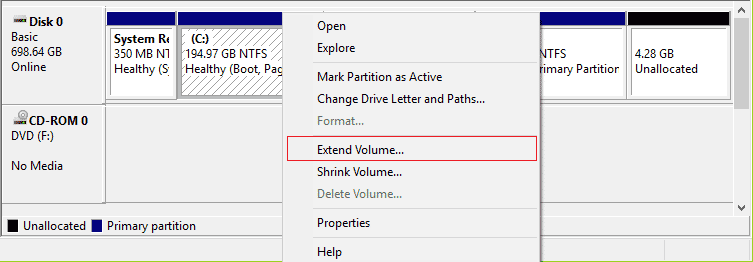 Faceți clic dreapta pe unitatea de sistem și selectați Extindeți volum. Remediați blocarea Witcher 3 pe Windows 10