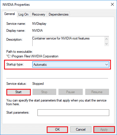 proprietățile serviciului nvidia