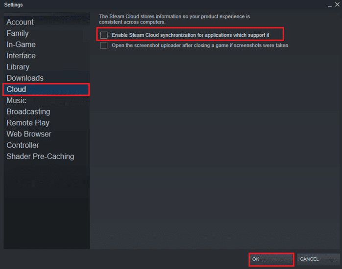 faceți clic pe fila Cloud din panoul din stânga și debifați opțiunea Activați sincronizarea Steam Cloud pentru aplicațiile care o acceptă