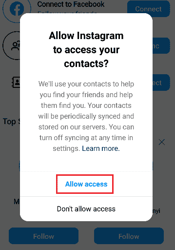 Fereastra pop-up Permiți Instagram să vă acceseze contactele? Acțiune: Permiteți accesul sau Nu permiteți accesul | Cum să găsiți contacte pe Instagram