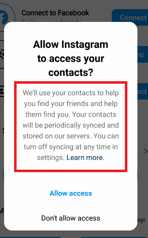 Permite Instagram să acceseze meniul pop-up de contact. Acțiune: Permiteți accesul sau Anulați | Cum să găsiți contacte pe Instagram