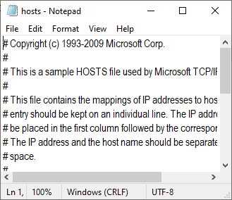 fișierul hosts va fi deschis în Notepad