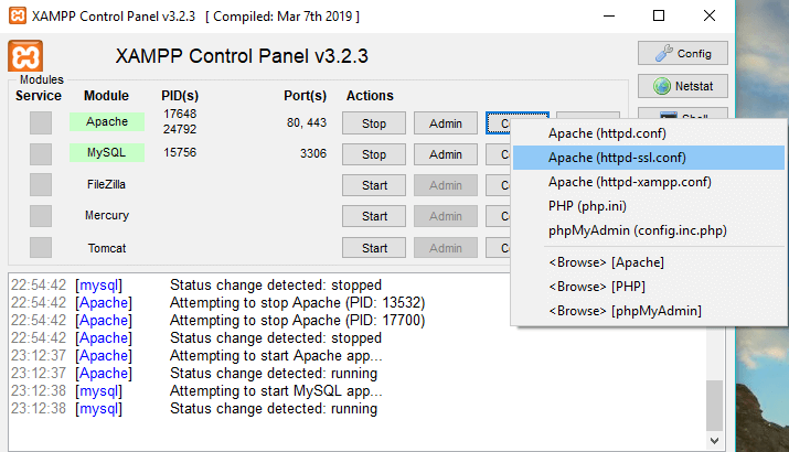 Apache(httpd-ssl.conf)をクリックします| Windows10にXAMPPをインストールして構成する