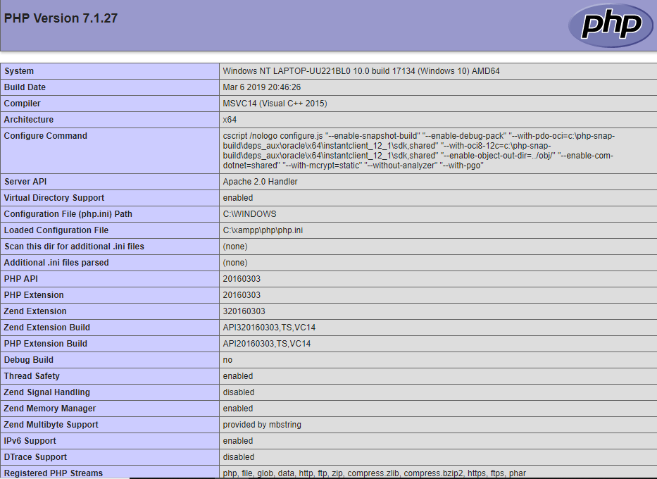 XAMPPのデフォルトページで、メニューバーのPHP情報をクリックして、すべての詳細を表示します