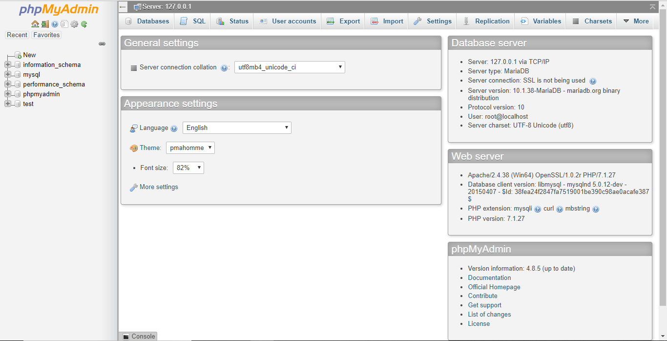 MySQLサービスに対応する管理ボタンをクリックすると画面が開きます