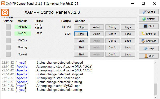 Apache、MySQLなどのサービスに対応する[スタート]ボタンをクリックして、それらのサービスを開始します。