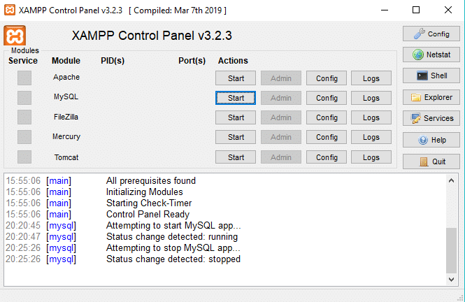 MySQLサービスの実行が停止し、そのステータスが停止します