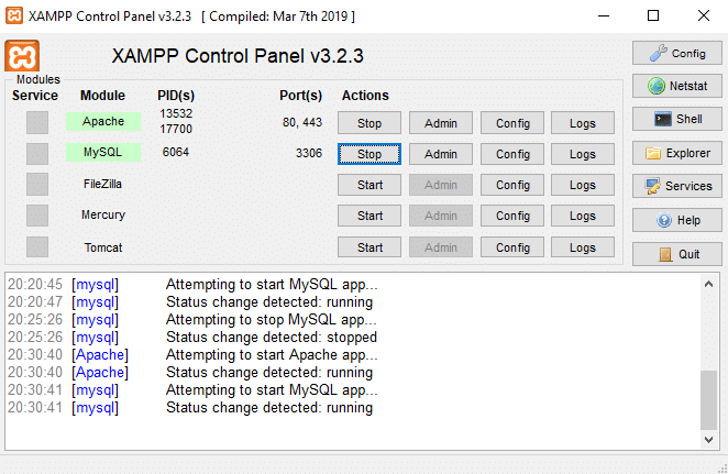 アクションセクションの下のスタートボタンをクリックして、ApacheやMySQLなどのサービスを開始します