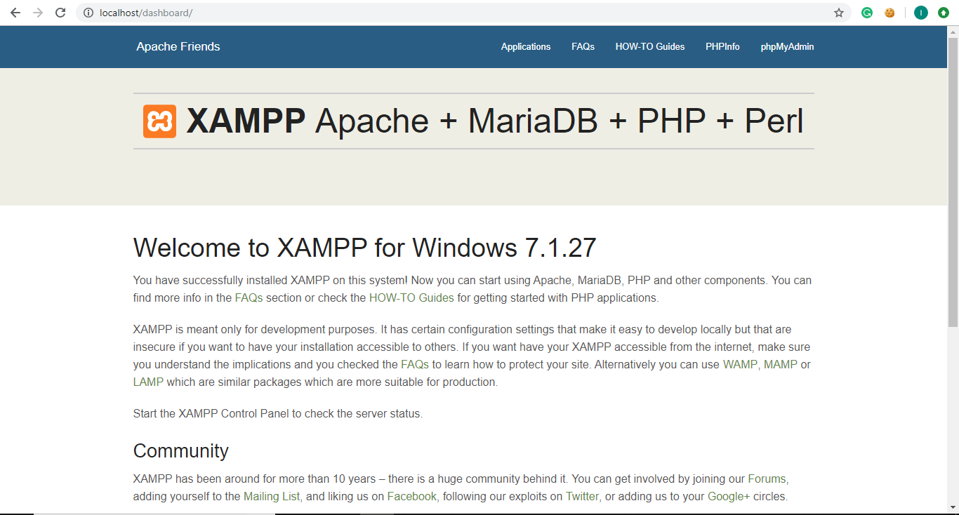 XAMPPのダッシュボードとXAMPPのデフォルトページにリダイレクトされます| Windows10にXAMPPをインストールして構成する