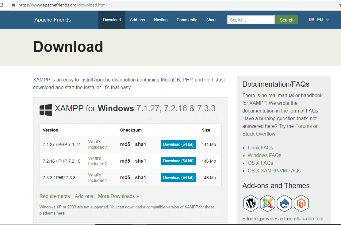 公式ウェブサイトからXAMPPをダウンロードするApachefriends