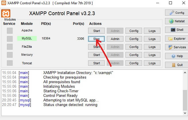 MySQLの実行を停止したい場合は、[停止]ボタンをクリックしてください| Windows10にXAMPPをインストールして構成する