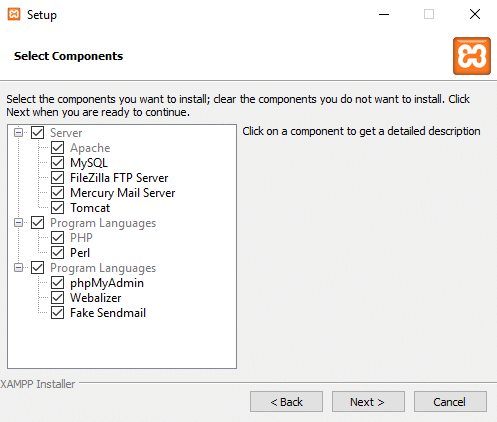 インストールするコンポーネント（MySQL、Apacheなど）に対してチェックボックスをオンにします。デフォルトのオプションのままにして、[次へ]ボタンをクリックします