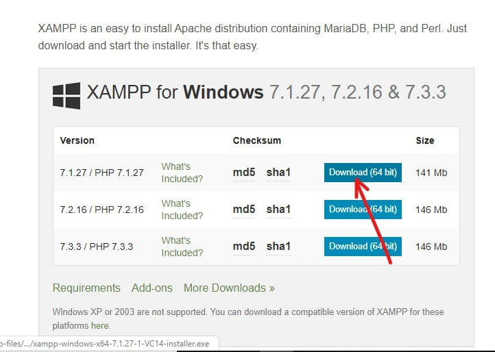 XAMPPをインストールするPHPのバージョンを選択し、ダウンロードボタンをクリックします