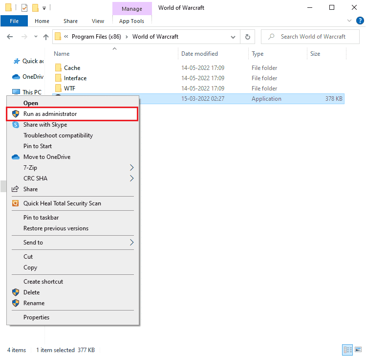 Navigieren Sie zum Verzeichnis der Wow.exe-Setup-Datei und wählen Sie die Option Als Administrator ausführen. Fix WoW braucht ewig zum Starten in Windows 10
