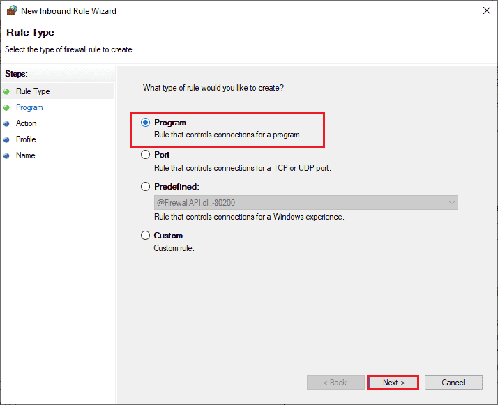 Stellen Sie sicher, dass Sie die Option Programm unter Welche Art von Regel möchten Sie erstellen auswählen. Fix WoW braucht ewig zum Starten in Windows 10