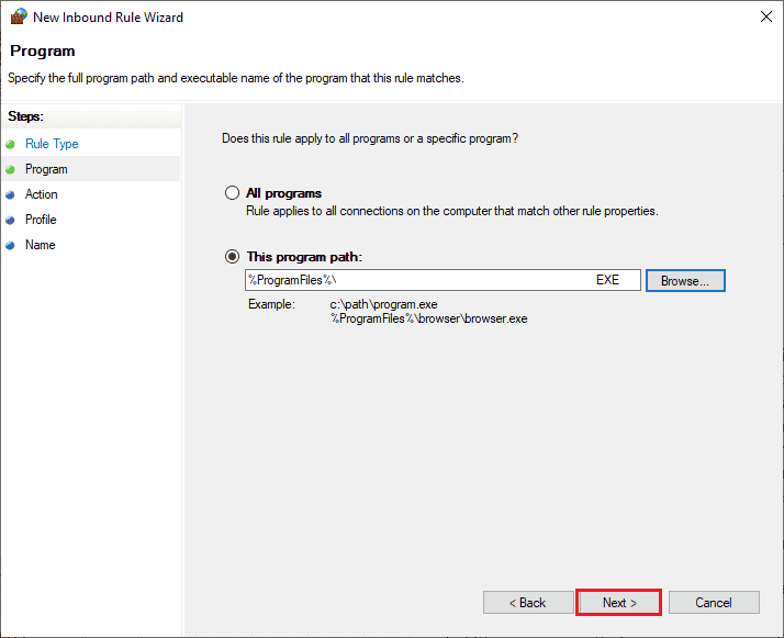 Klicken Sie im Fenster New Inbound Rule Wizard auf Next. Fix WoW braucht ewig zum Starten in Windows 10